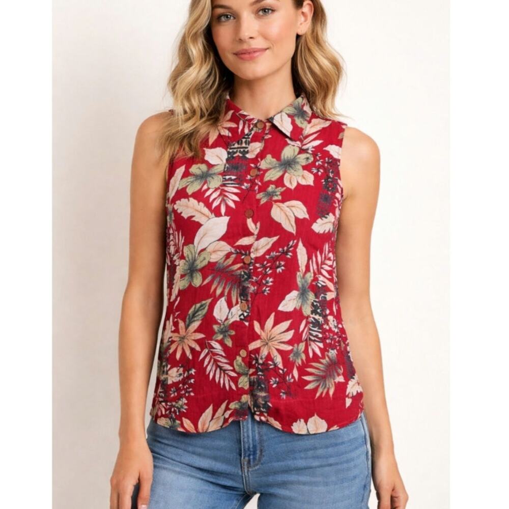 Bahama Beach Button-up Sleeveless Top Women's Size M Vintage Tropical Resort